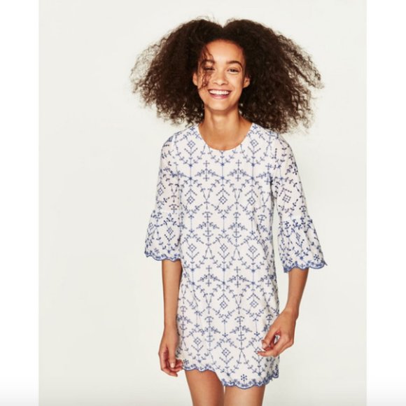 BLOGGER'S FAVE! Zara Boho Embroidered Mini Dress White/Blue Sz S NWT - Picture 7 of 10